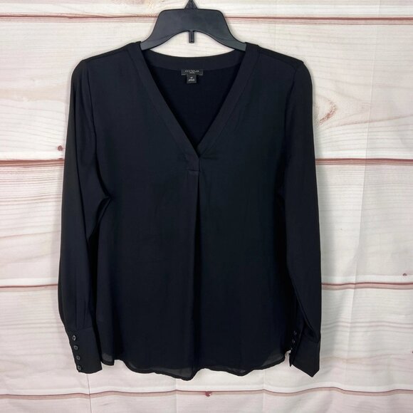 Ann Taylor Top Womens PM Black Long Sleeve Blouse Knit Woven V-Neck Pullover - Picture 1 of 6